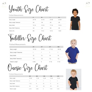 May include: Size charts for youth, toddler, and onesie clothing, with measurements in inches. Includes body length, width, and sleeve length. The image also shows examples of the clothing on children.