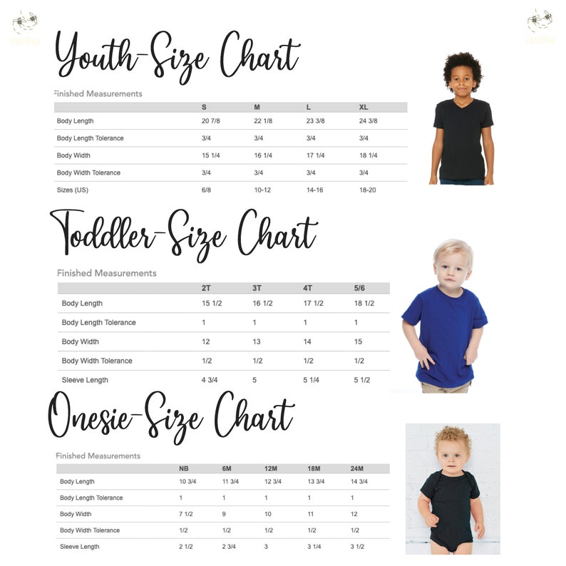 May include: Size charts for youth, toddler, and onesie clothing, with measurements in inches. Includes body length, width, and sleeve length. The image also shows examples of the clothing on children.