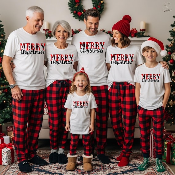 Family Christmas Pajamas, Long Sleeve and Short Sleeve T-Shirts, Matching Holiday Pajama Top, Buffalo Plaid Pants, Merry Christmas Shirt