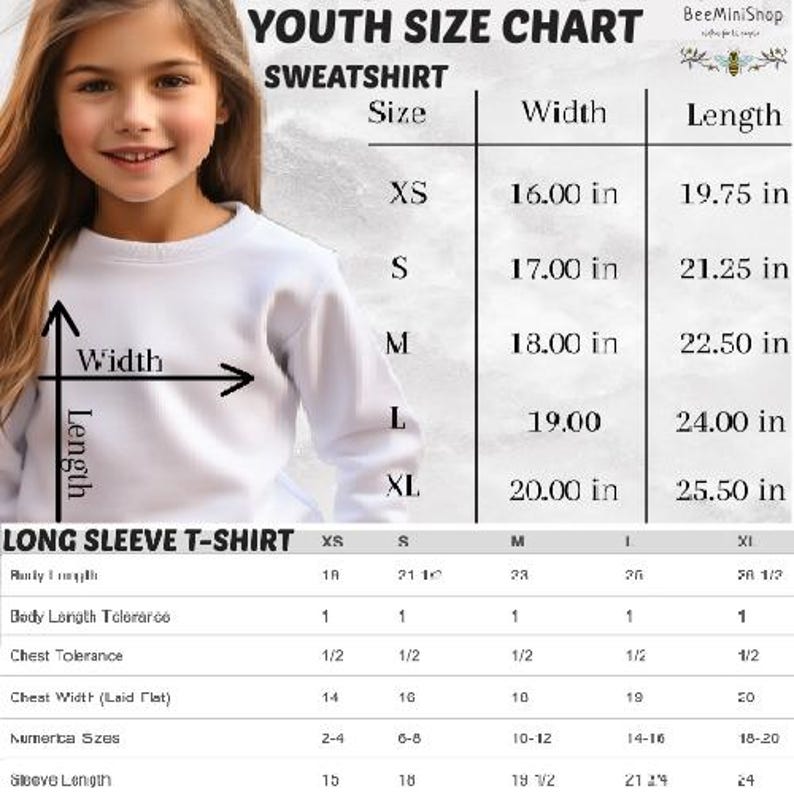 May include: A youth size chart for sweatshirts and long sleeve t-shirts. The chart includes measurements for XS to XL sizes, with widths ranging from 16.00 to 20.00 inches and lengths from 19.75 to 25.50 inches.