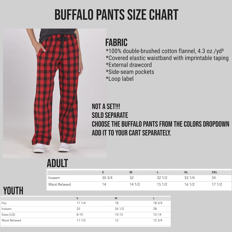 May include: Red and black buffalo plaid pants with a drawstring waist. The image includes a size chart for adult and youth sizes, detailing inseam and waist measurements in inches. The fabric is 100% double-brushed cotton flannel.
