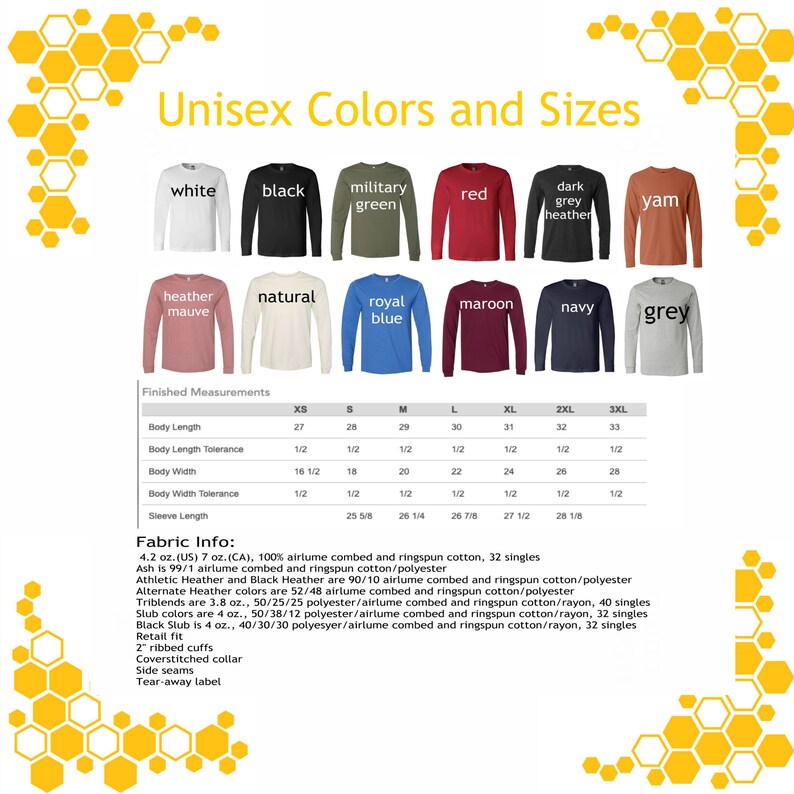 K&ouml;nnte beinhalten: Unisex-Langarm-T-Shirt-Farbkarte mit 13 verschiedenen Farben und Gr&ouml;&szlig;en von XS bis 3XL. Die Tabelle enth&auml;lt Ma&szlig;e f&uuml;r K&ouml;rperl&auml;nge, K&ouml;rperbreite und &Auml;rmell&auml;nge. Der Stoff ist 4,2 oz (US) 7 oz (CA), 100 % Airlume-gek&auml;mmte und ringgesponnene Baumwolle, 32 Singles.