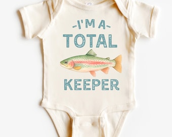 Retro Fishes Baby Shirt - Toddler Flyfishing River Rainbow,  I'm A Total Keeper Bodysuit - Kids Camping Tee - Natural Boho Field Guide Trout