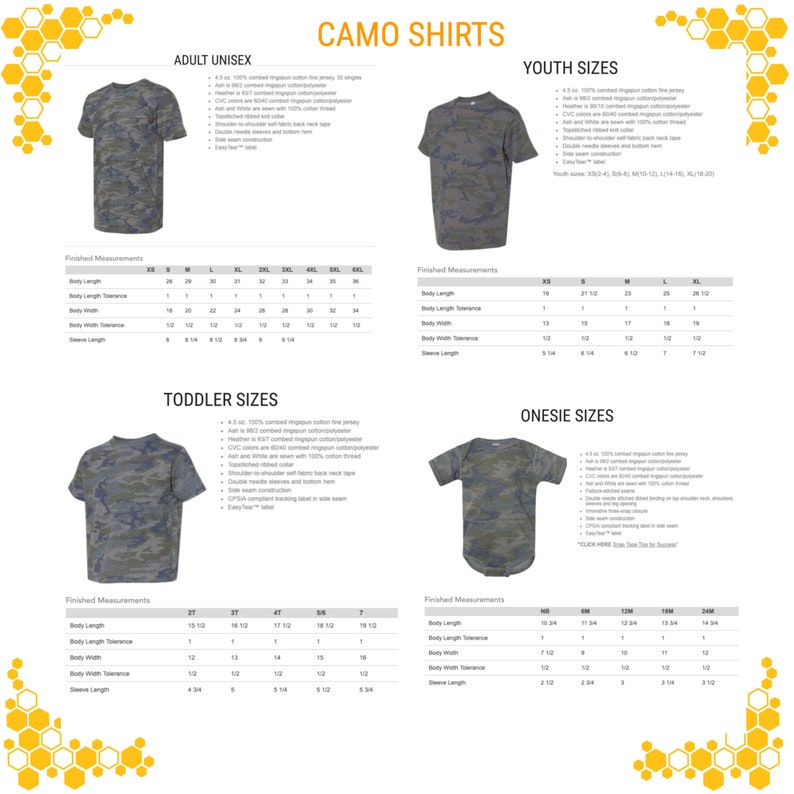 May include: Image features a variety of camouflage shirts in different sizes, including adult unisex, youth, toddler, and onesie options. The shirts are displayed with detailed size charts, showcasing measurements for body length, width, and sleeve length. The text "CAMO SHIRTS" is at the top.