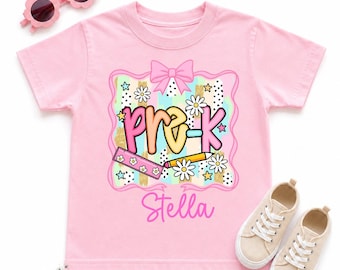 Custom Name Pre-K  Pink School Shirt | Back to School Shirt | Kindergarten First Day Tee | 1st, 2nd, 3rd, 4th Grades Girls Graphic T-Shirt