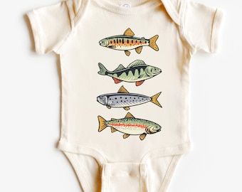 Retro Fishes In A Row Baby Shirt -  Toddler Flyfishing River Rainbow, Brook Brown Trout - Kids Camping Tee - Natural Boho Field Guide Trout