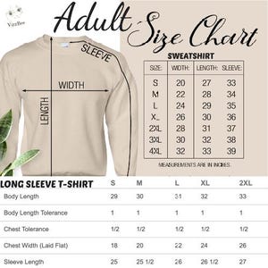 May include: A beige long-sleeve sweatshirt and t-shirt size chart. The chart includes measurements in inches for sweatshirts and long-sleeve t-shirts, detailing width, length, and sleeve dimensions for various sizes, from S to 4XL.