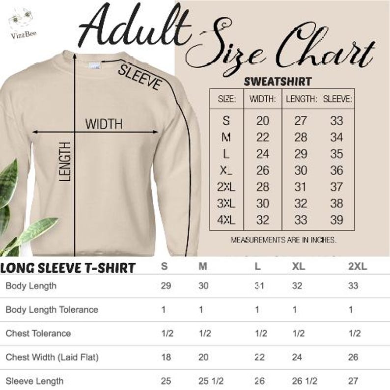May include: A beige long-sleeve sweatshirt and t-shirt size chart. The chart includes measurements in inches for sweatshirts and long-sleeve t-shirts, detailing width, length, and sleeve dimensions for various sizes, from S to 4XL.