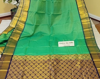 Pure Kanchi Silk: Bluish Green with Violet Border, Pallu & Blouse | Checked Body | Pallu Gold Jari |