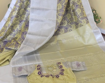 Vegan Golden Tissue Yellow | Big White Border | Aari Maggam Embroidery Blouse | Size 30 adjust to 36, 40, 42 | Peacock in Violet Meenakari