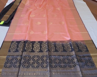 Pure Soft Silk Saree in Peach and Greyish Blue Combination