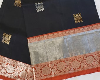Kanchi Pure Soft Silk Saree: Black with Silver & Gold Jari | Peachy Pink Contrasting Blouse, Pallu