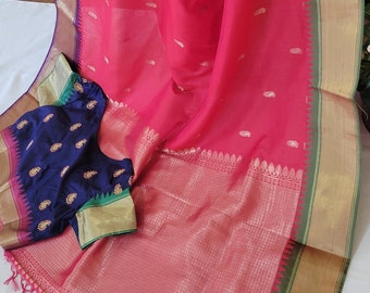 Vegan Gadwal | Red | Green Violet Border | Embroidery Blouse | Semi Silk Cotton