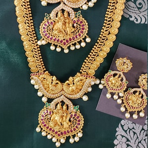 Long Haar | Antique Gold | Bridal | 3D Radha Krishna Pendant | Short Haar & Long Haar Set | Kasu Haar | 3D Radha Krishna Pendant, Earring