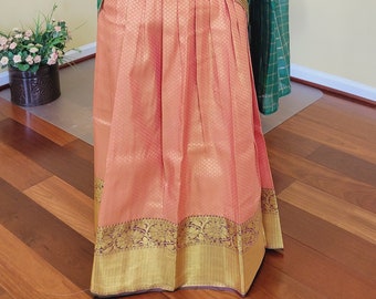 Peach with Dark Green Gold Jari Bridal Half Saree | Blouse Size 34 Adjustable to 32, 36 | Lehenga