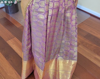 Violet Green with Gold | Self Border | Bridal Half Saree Woven Gold Jari | Blouse Size 34 Adjustable to 34, 38 | Lehenga
