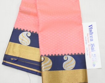 Vegan Silk: Modern Pattern.  Bright Beautiful Pink with Deep Navy Blue Border.  Bright Yet Elegant Looking Saree.