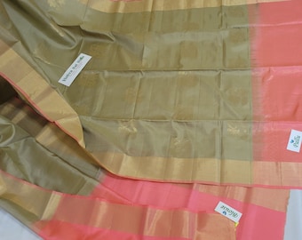 Pure Soft Silk Saree: Vannila Khakhi with Baby Pink | Gold Jari |