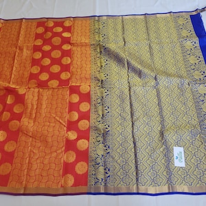 Pure Kanchi Silk: Cream and Red Body | Blue Pallu & Blouse | Body Thread Work | Pallu Gold Jari