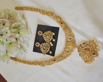 Rotating Lakshmi Kempu Emerld Uncut Diamond Temple Jewellery | Bridal | Traditional Lakshmi Kasu Necklace | Antique Gold Finish