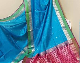 Kanchi Pure Soft Silk Saree: Rich Deep Bottle Green Border less with Light Blue - Modern Contemporary Style in  White Jari