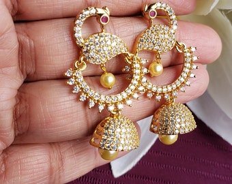 Big High Polish ChandBali & Jhumka | Shining Gold Color | Pearl Details | White AD Stones | Peacock