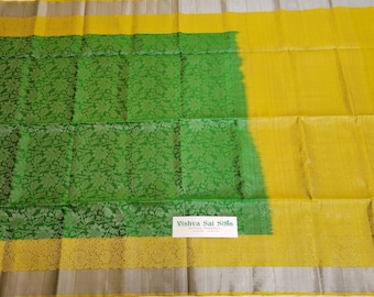 Pure Soft Silk Saree - Green Color Body | Mustard / Yellow Color Pallu