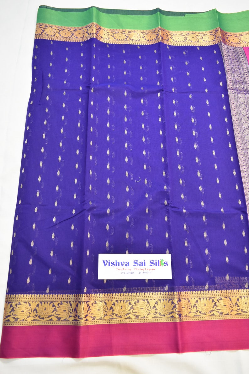 Ganga Jamuna Border in Green /& Pink Good for Vegan Saree Lovers! Cotton Mix Vegan VioletBlue Body