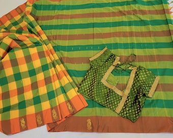 Madisar Arani Soft Silk | With Blouse | Palum Palamum Check | Yellow Green Orange | Semi Soft Silk