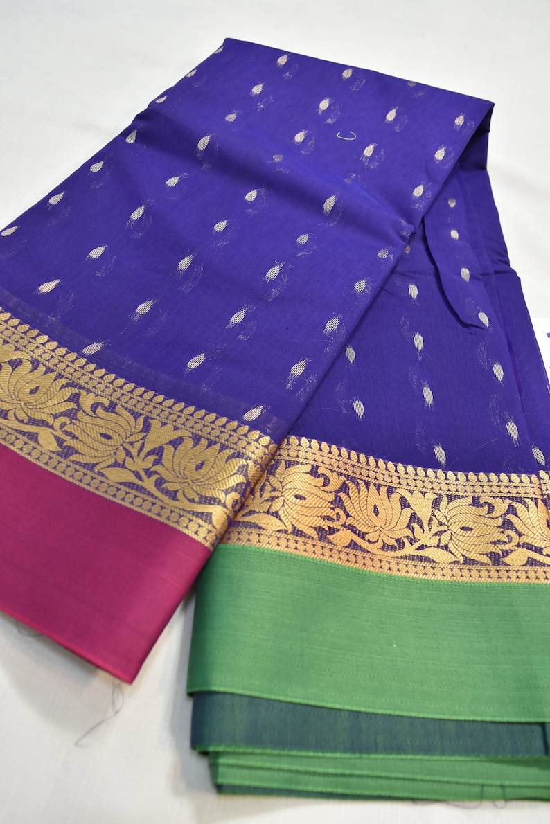 Ganga Jamuna Border in Green /& Pink Good for Vegan Saree Lovers! Cotton Mix Vegan VioletBlue Body