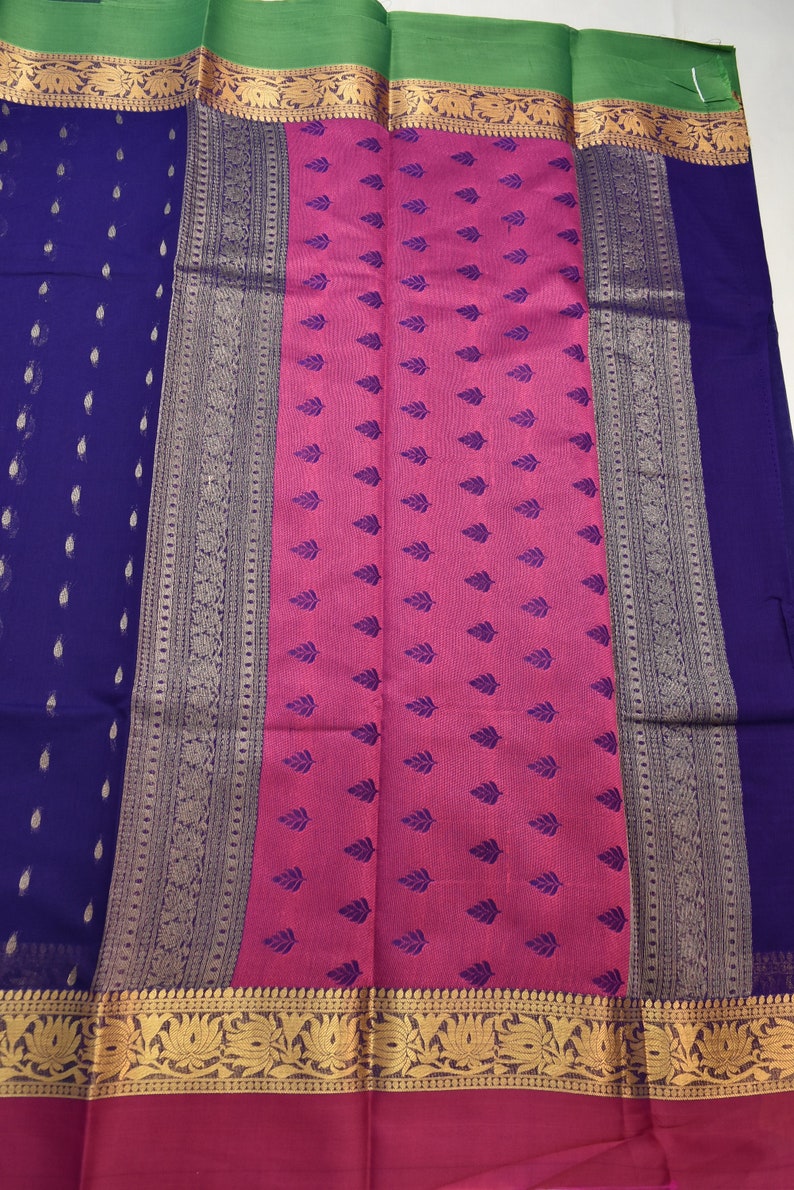 Ganga Jamuna Border in Green /& Pink Good for Vegan Saree Lovers! Cotton Mix Vegan VioletBlue Body
