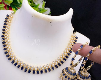 AD Necklace | Sapphire Color with White Ad Stones | Yellow Gold Color | Hoop Earring