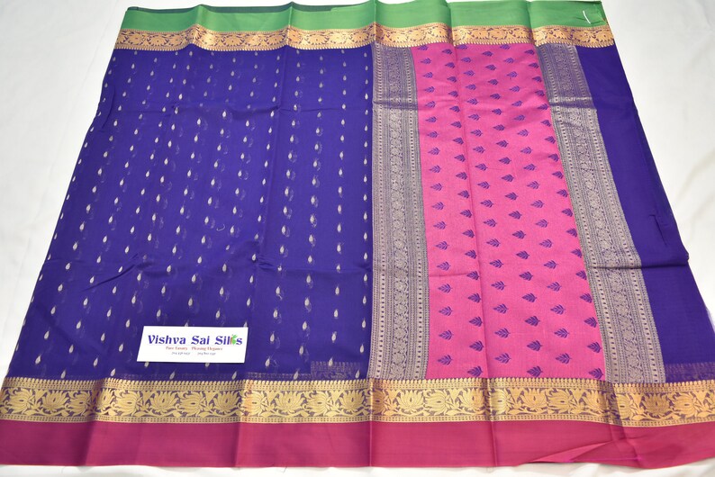 Ganga Jamuna Border in Green /& Pink Good for Vegan Saree Lovers! Cotton Mix Vegan VioletBlue Body