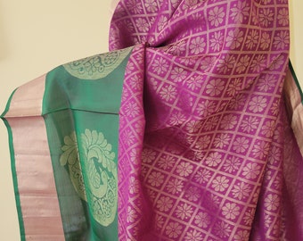 Copper Jari | Bridal Light Weight Soft Silk Saree | Magenta Body | Green border | Copper Jari