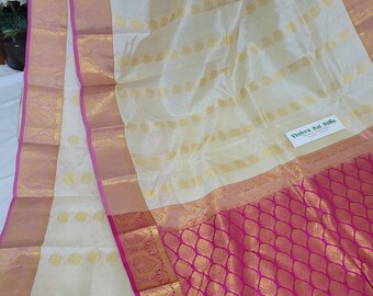 Kanchi Pure Silk: Off White/Cream with Meganta Pink | Gold Jari | Traditional