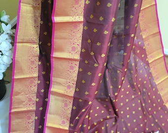 Kanchi Pure Silk: Meroon with Meganta Pink | Gold Jari