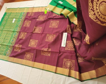 Pure Soft Silk: Maroonish Brown Body | Green Pallu, Blouse | Square Gold Check |