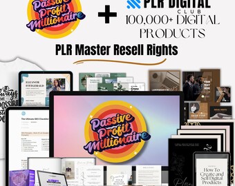 May include: A collage of digital products for sale, including a variety of ebooks, guides, and templates. The image features a bright, colorful design with the text "Passive Profit Millionaire" and "PLR Digital Club".