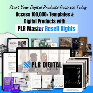 May include: A laptop computer screen displaying the text "PLR Digital Club" with a blue and white logo. The screen is surrounded by various digital products, including ebooks, templates, and social media graphics. The text "Start Your Digital Products Business Today" is displayed at the top of the image.