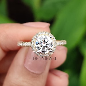 Halo Engagement Ring for Women 1 Carat Round Lab Grown Diamond Anniversary Ring, Unique Engagement Ring, Three Side Pave Engagement Ring