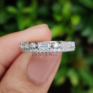 Baguette Diamond Ring Alternative Baguette & Round Half Eternity Diamond Ring Stackable Matching Wedding Band Lab Diamond Wedding Band