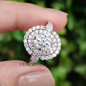 Oval Cut Diamond Engagement Ring Art Deco Ring Lab Grown Diamond Ring For Her Double Halo Setting Ring Side Pear Diamond Ring Stacking Ring