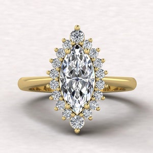 Marquise Halo Engagement Ring Marquise Cut Diamond Proposal Ring Starburst Marquise Diamond Ring Genuine Lab Grown Diamond Ring