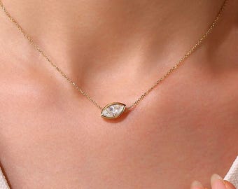 East West Bezel Set Marquise Pendant Necklace, 1 CT Marquise Cut Lab Grown Diamond Necklace, 14K Solid Gold Necklace, Solitaire Necklace