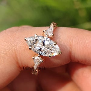 Three Stone Ring, 1.5 Carat Marquise Lab Grown Diamond Engagement Ring, Side Kite Diamonds, Vintage Style Wedding Band, Nature Inspired Ring