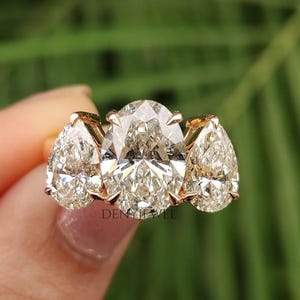 Three Stone Diamond Engagement Ring, Certified Oval Cut Lab Grown Diamond Ring, Side Pear Diamonds, Wedding Ring, Anniversary Gift for Her
