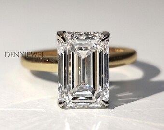 Emerald Cut Diamond Solitaire Wedding Ring for Her, Comfort Fit Engagement Ring, Anniversary Ring, Hidden Halo Ring, Cathedral Setting
