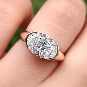 2.5 CT Oval Cut Lab Grown Diamond Ring, Solid Gold Ring, East West Ring, Solitaire Ring, Half Bezel Setting Ring, Proposal Ring For Women