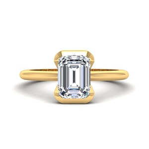 Emerald Cut Diamond Solitaire Engagement Ring, Lab Grown Diamond Ring, Anniversary Gifts for Women, Half Bezel Ring for Her, Handmade Ring