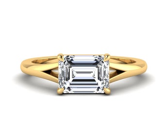 Emerald Cut Lab Grown Diamond Ring, Solitaire East West Diamond Ring, Anniversary Gift, Split Shank Wedding Ring, IGI Certified Diamond Ring